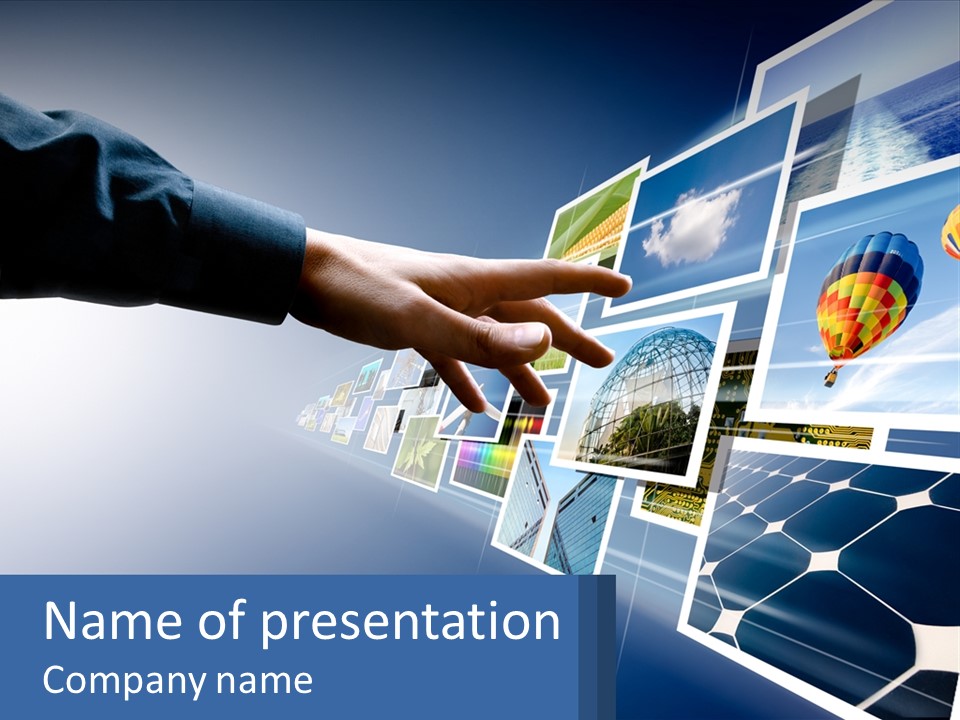 A Person Touching A Screen With Many Pictures On It PowerPoint Template