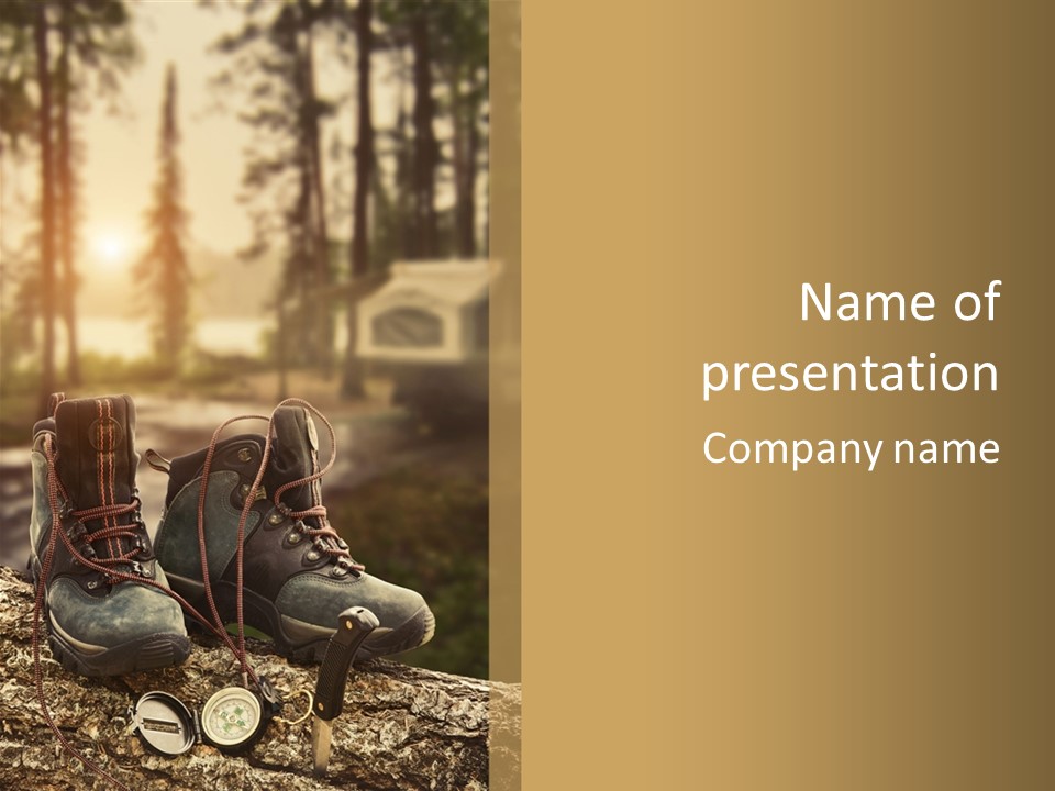 A Pair Of Boots Sitting On Top Of A Log PowerPoint Template