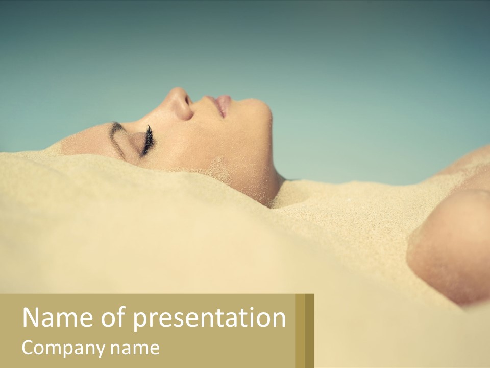 A Woman Laying In The Sand With Her Eyes Closed PowerPoint Template