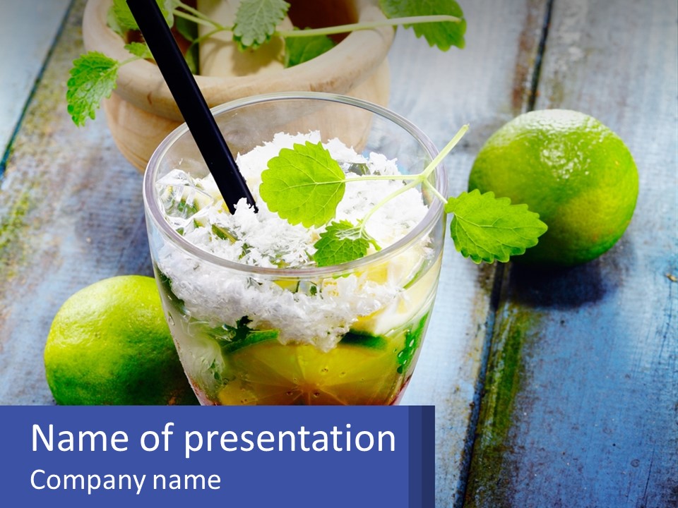 A Drink With Limes And Ice On A Wooden Table PowerPoint Template