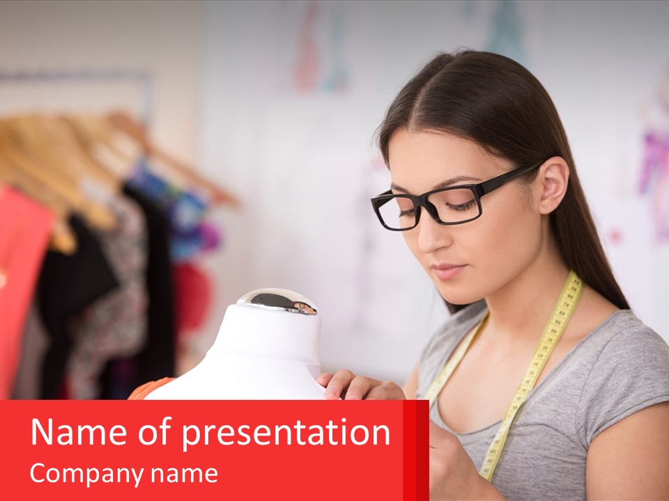 A Woman Looking At A Dress On A Mannequin PowerPoint Template