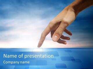 A Person's Hand Reaching For Something On A Blue Background PowerPoint Template