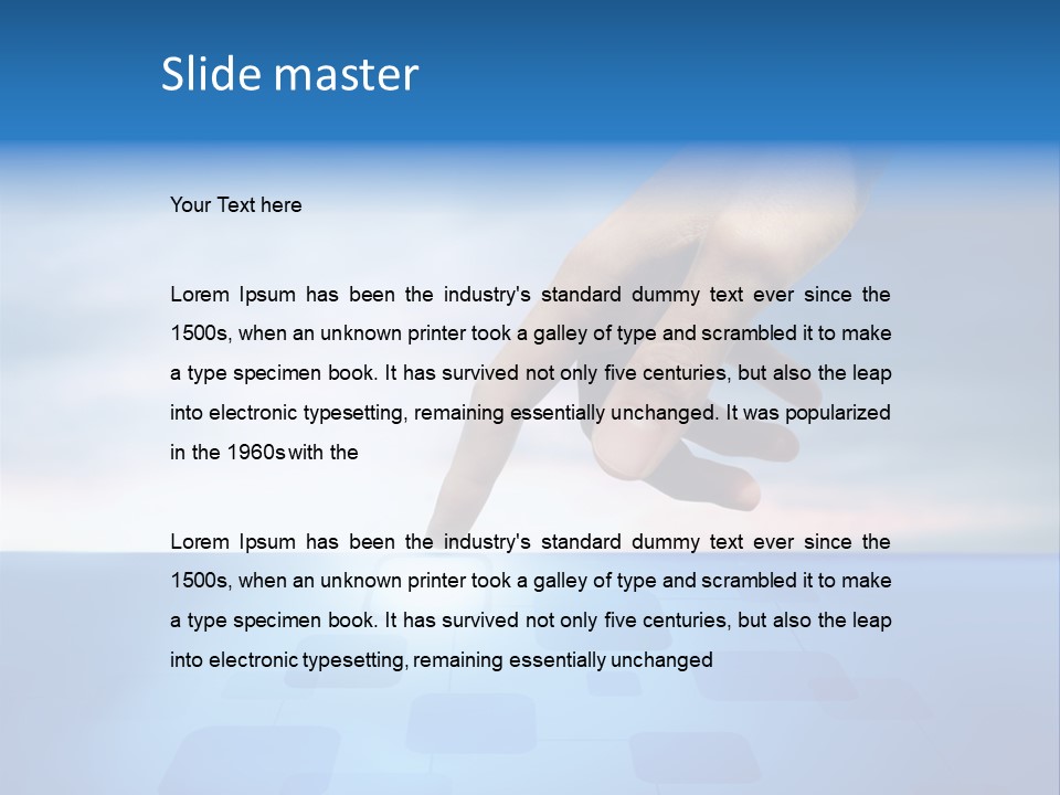 A Person's Hand Reaching For Something On A Blue Background PowerPoint Template