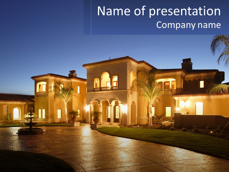 A Large House With A Fountain In Front Of It PowerPoint Template