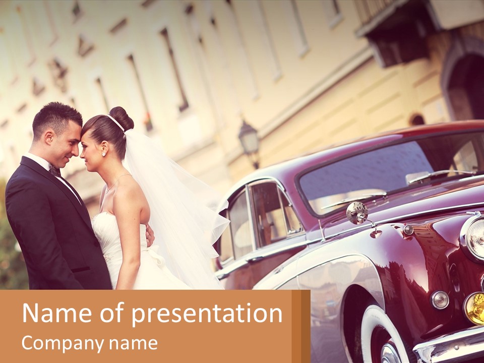 A Bride And Groom Standing Next To A Classic Car PowerPoint Template