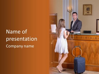 A Woman And A Man Standing In Front Of A Reception Desk PowerPoint Template