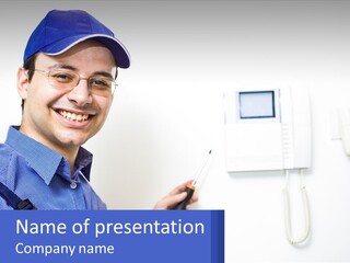 A Man In A Blue Hat Is Holding A Clipboard PowerPoint Template