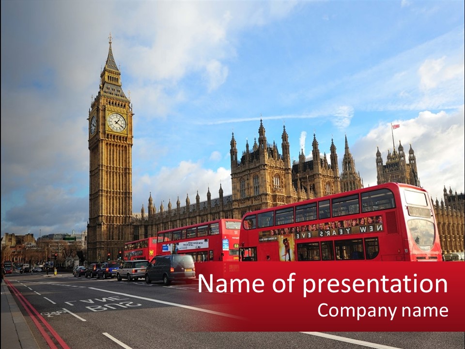 A Red Double Decker Bus Driving Past Big Ben PowerPoint Template