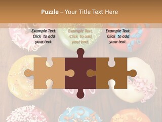A Group Of Donuts Sitting On Top Of A Wooden Table PowerPoint Template
