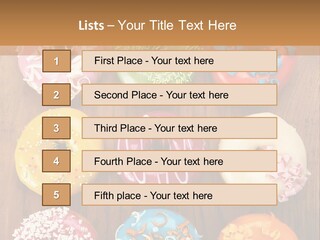 A Group Of Donuts Sitting On Top Of A Wooden Table PowerPoint Template
