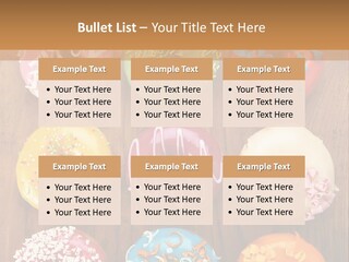 A Group Of Donuts Sitting On Top Of A Wooden Table PowerPoint Template