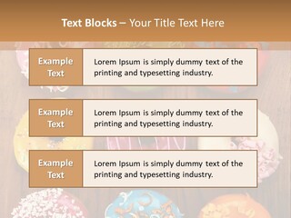 A Group Of Donuts Sitting On Top Of A Wooden Table PowerPoint Template