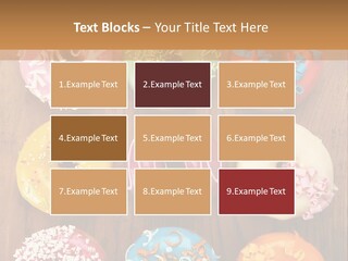 A Group Of Donuts Sitting On Top Of A Wooden Table PowerPoint Template