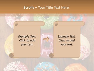 A Group Of Donuts Sitting On Top Of A Wooden Table PowerPoint Template