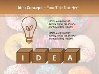 A Group Of Donuts Sitting On Top Of A Wooden Table PowerPoint Template