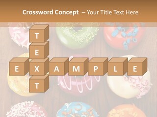 A Group Of Donuts Sitting On Top Of A Wooden Table PowerPoint Template