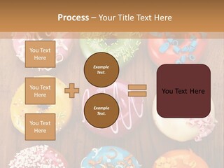 A Group Of Donuts Sitting On Top Of A Wooden Table PowerPoint Template