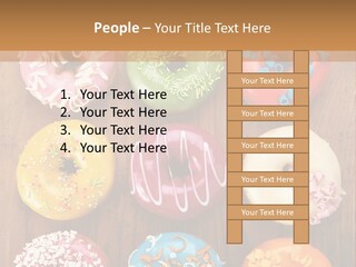 A Group Of Donuts Sitting On Top Of A Wooden Table PowerPoint Template