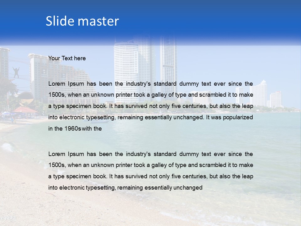 A Beach With A Boat In The Water And A City In The Background PowerPoint Template