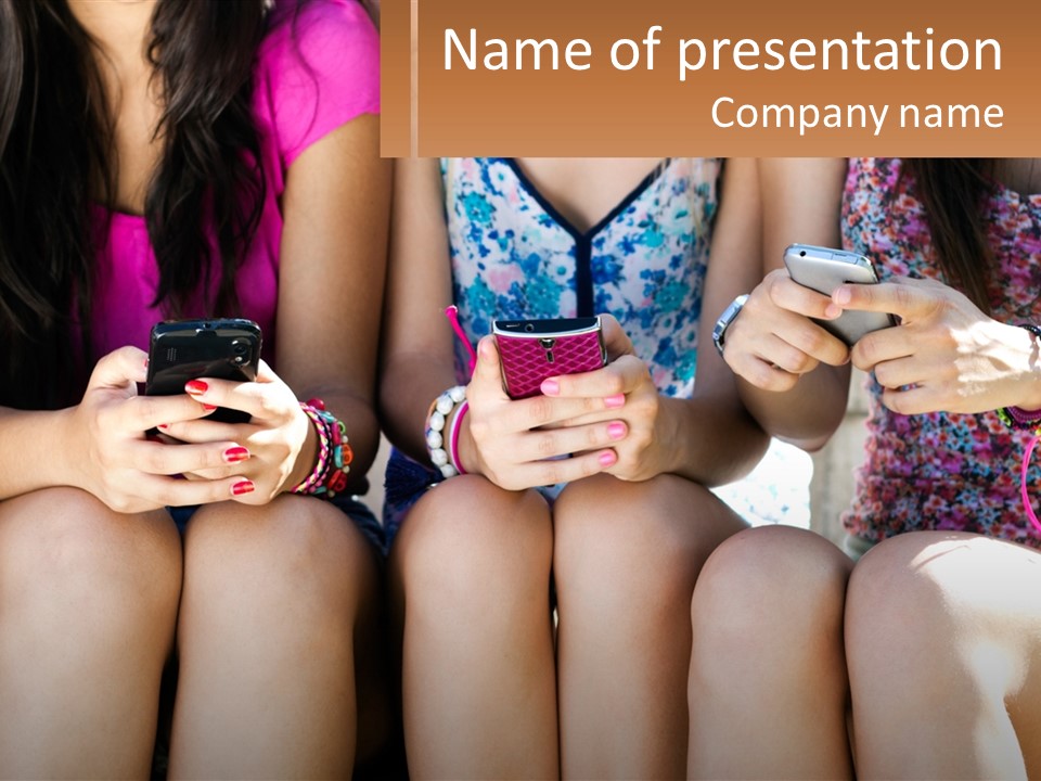 A Group Of Women Sitting Next To Each Other Holding Cell Phones PowerPoint Template