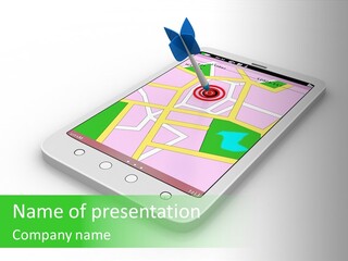 A White Tablet With A Blue Arrow On Top Of It PowerPoint Template