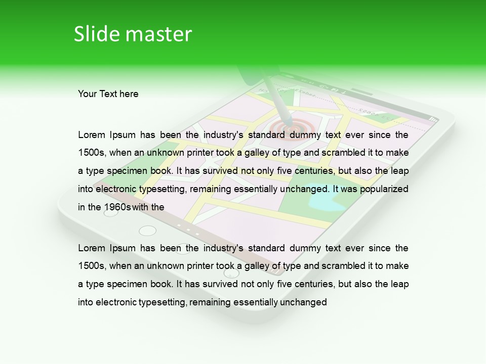 A White Tablet With A Blue Arrow On Top Of It PowerPoint Template