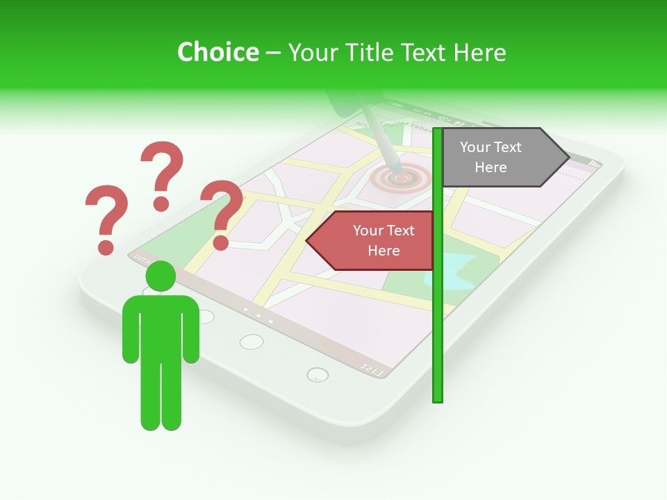 A White Tablet With A Blue Arrow On Top Of It PowerPoint Template