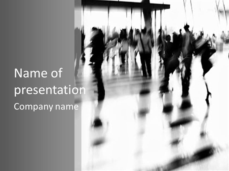 A Black And White Photo Of People Walking Through A Building PowerPoint Template