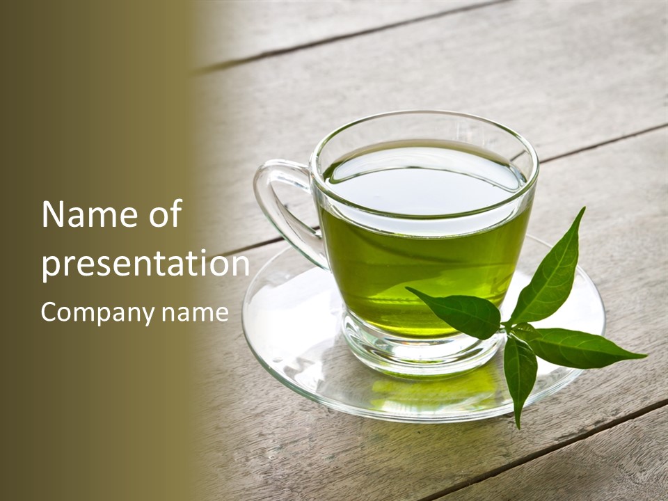A Cup Of Green Tea With A Leaf On A Saucer PowerPoint Template
