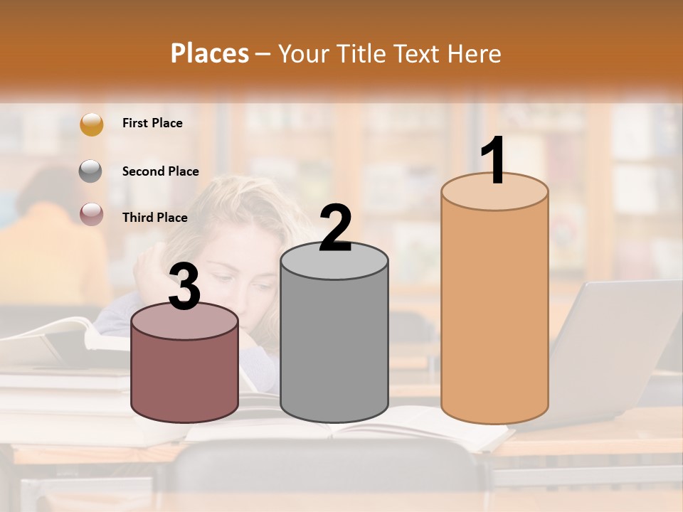 A Woman Sitting At A Desk With A Laptop Computer PowerPoint Template