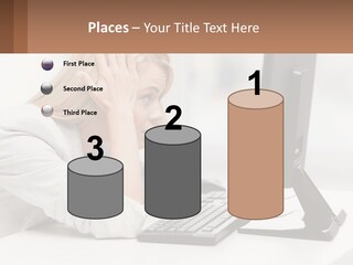 A Woman Sitting In Front Of A Computer With Her Hands On Her Head PowerPoint Template