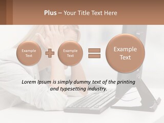 A Woman Sitting In Front Of A Computer With Her Hands On Her Head PowerPoint Template