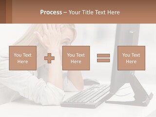 A Woman Sitting In Front Of A Computer With Her Hands On Her Head PowerPoint Template