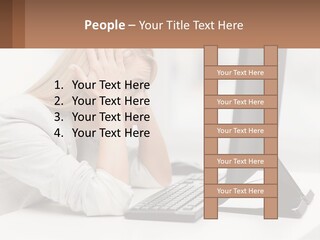 A Woman Sitting In Front Of A Computer With Her Hands On Her Head PowerPoint Template