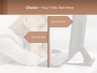 A Woman Sitting In Front Of A Computer With Her Hands On Her Head PowerPoint Template