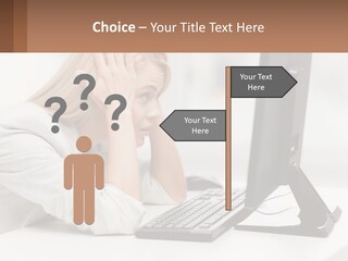 A Woman Sitting In Front Of A Computer With Her Hands On Her Head PowerPoint Template