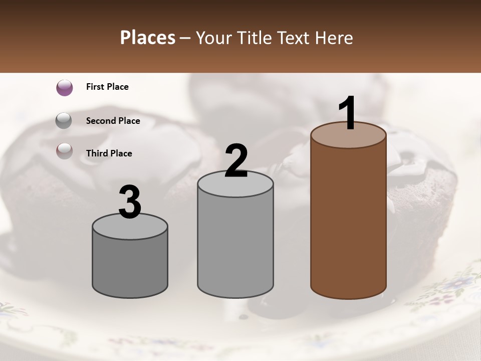 Three Chocolate Muffins On A Plate With Chocolate Drizzled On Them PowerPoint Template