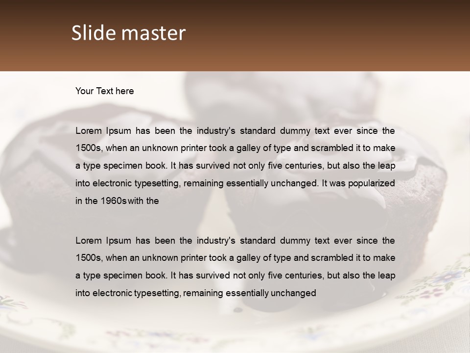 Three Chocolate Muffins On A Plate With Chocolate Drizzled On Them PowerPoint Template