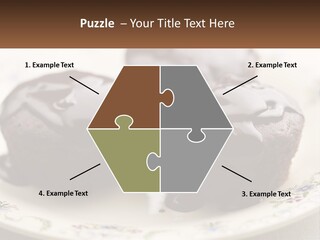 Three Chocolate Muffins On A Plate With Chocolate Drizzled On Them PowerPoint Template