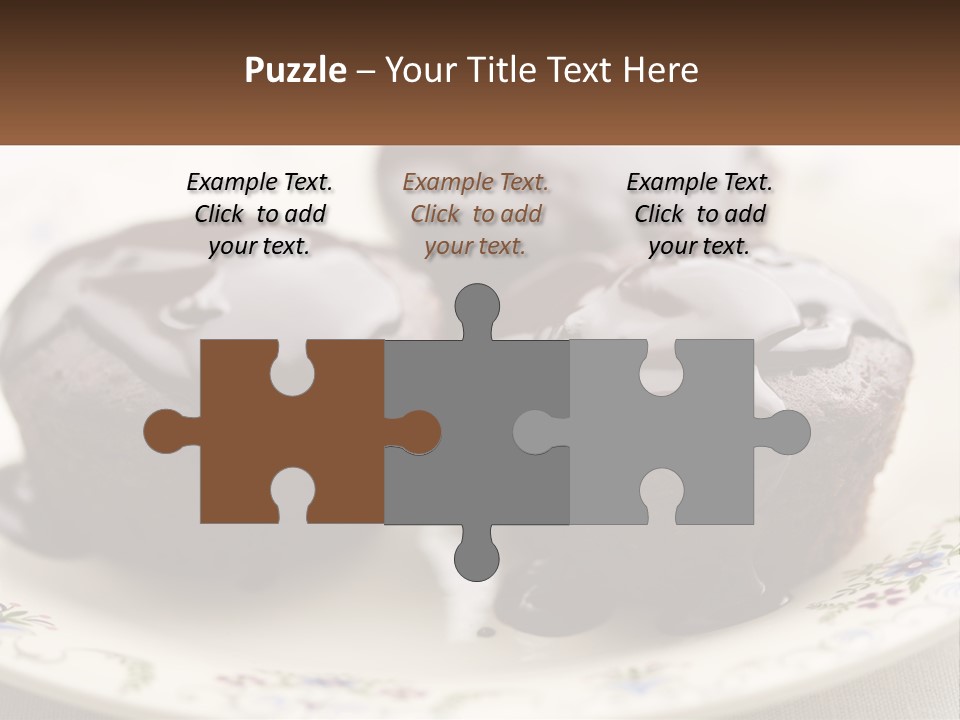 Three Chocolate Muffins On A Plate With Chocolate Drizzled On Them PowerPoint Template