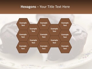 Three Chocolate Muffins On A Plate With Chocolate Drizzled On Them PowerPoint Template