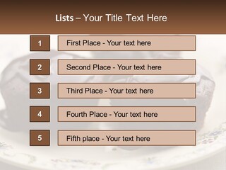 Three Chocolate Muffins On A Plate With Chocolate Drizzled On Them PowerPoint Template