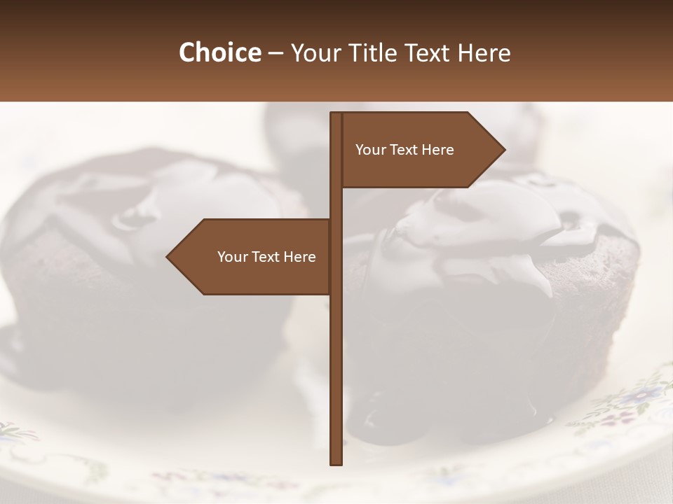 Three Chocolate Muffins On A Plate With Chocolate Drizzled On Them PowerPoint Template