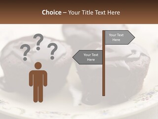 Three Chocolate Muffins On A Plate With Chocolate Drizzled On Them PowerPoint Template