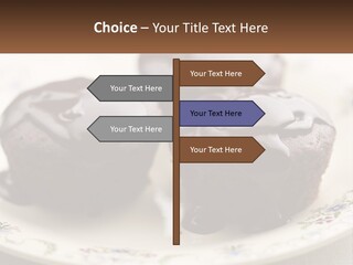 Three Chocolate Muffins On A Plate With Chocolate Drizzled On Them PowerPoint Template