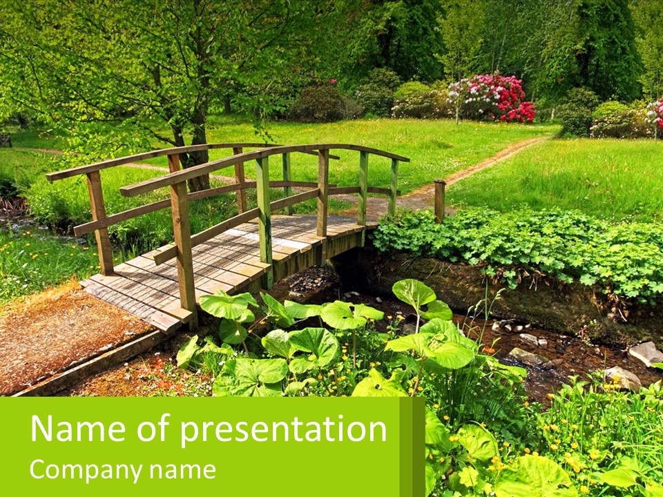 A Wooden Bridge Over A Small Stream In A Park PowerPoint Template
