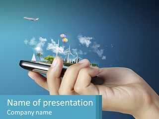 A Person Holding A Cell Phone With A City In The Background PowerPoint Template