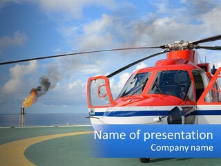 A Red And White Helicopter On A Runway PowerPoint Template
