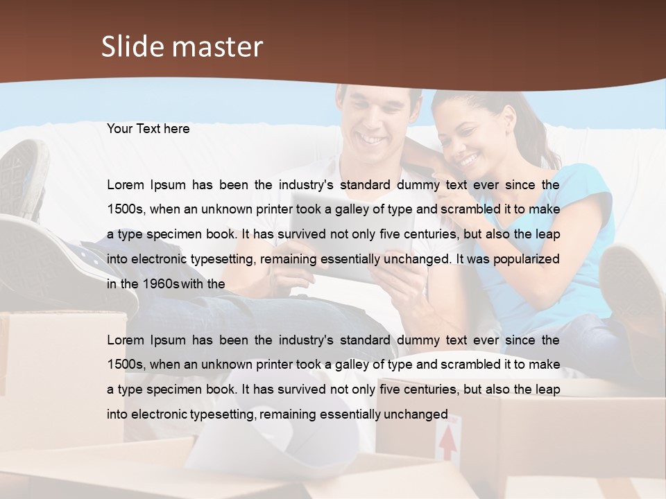 A Man And Woman Sitting On A Couch Surrounded By Boxes PowerPoint Template