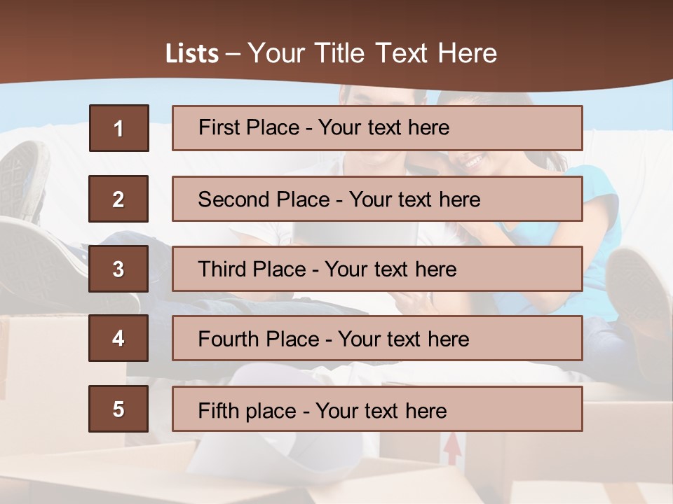 A Man And Woman Sitting On A Couch Surrounded By Boxes PowerPoint Template
